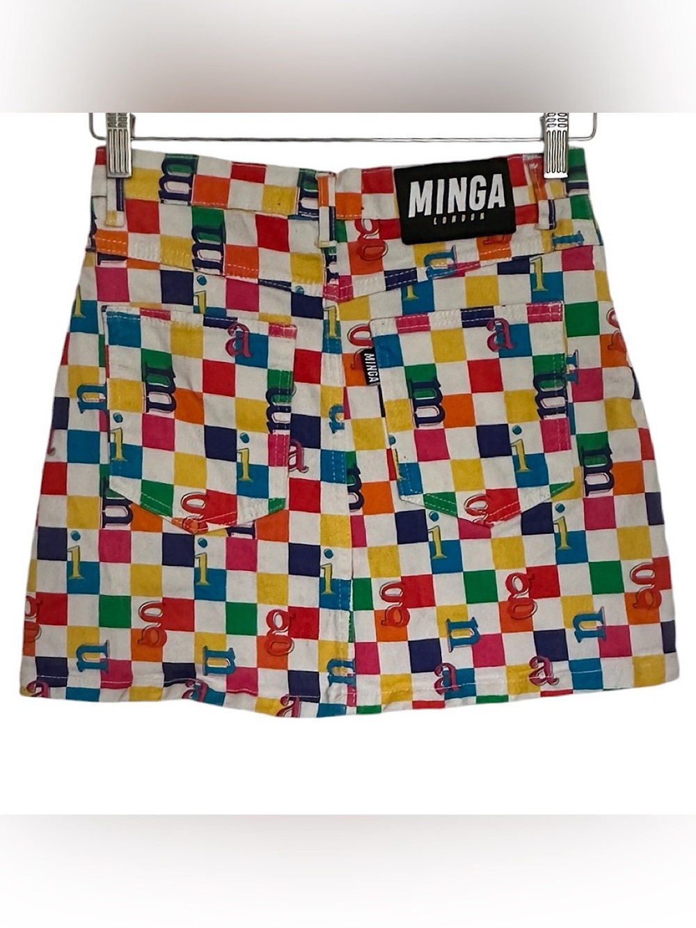 Minga London Women’s Rainbow Check Mini Skirt Size 2 USA Button Front Multicolor - Picture 3 of 9